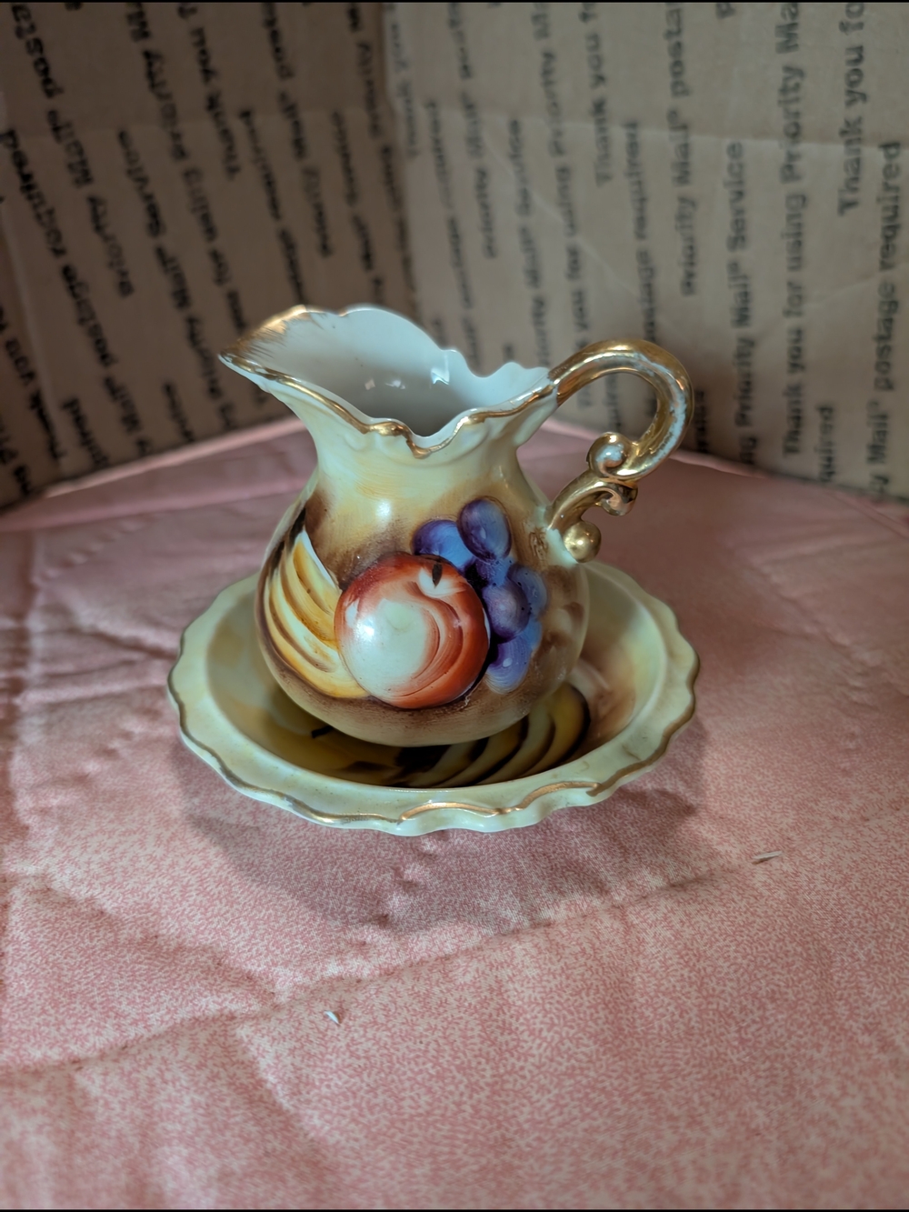 Hand-Painted Fruit Motif Porcelain Creamer with Saucer - Gold Trim, Multicolor